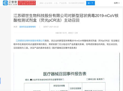 碩世生物召回新冠病毒核酸檢測試劑盒，技術轉讓成后續焦點